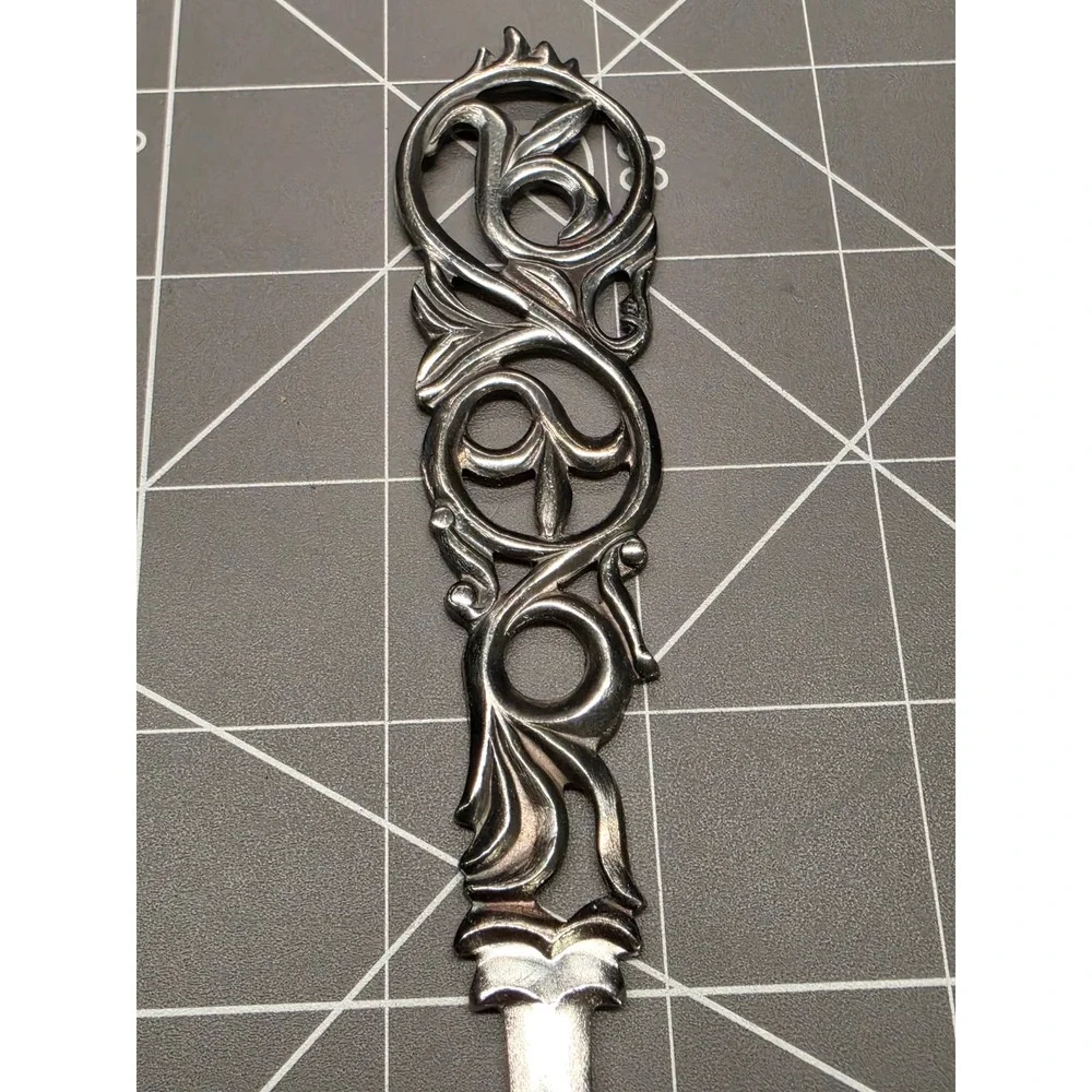 Vintage Silver Tone Cake Pie Server Ornate Openwork Scroll Floral Handle 9.5in